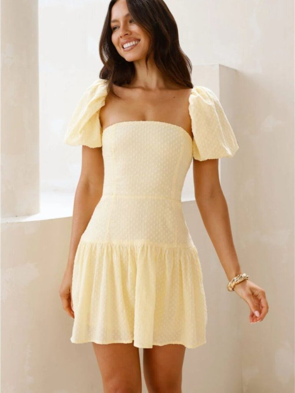 Hello Molly Curious Girl Puff Sleeve Mini Dress Pastel Yellow Size 6/ Medium - Picture 3 of 8